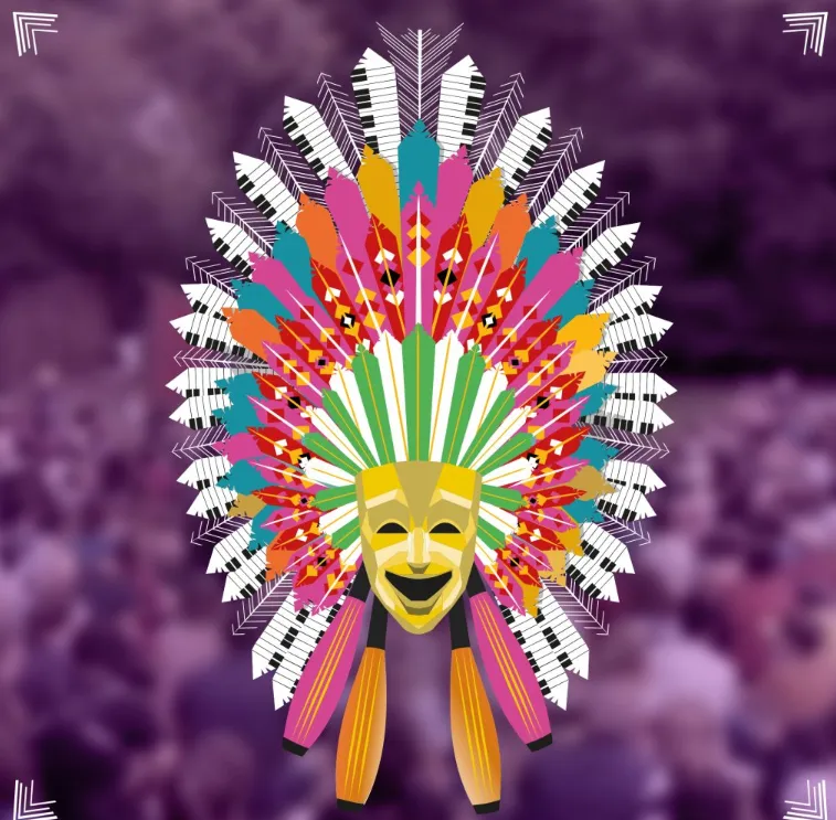 Visuel du festival : masque souriant coiffé de plumes colorées et de touches de piano, sur fond violet
